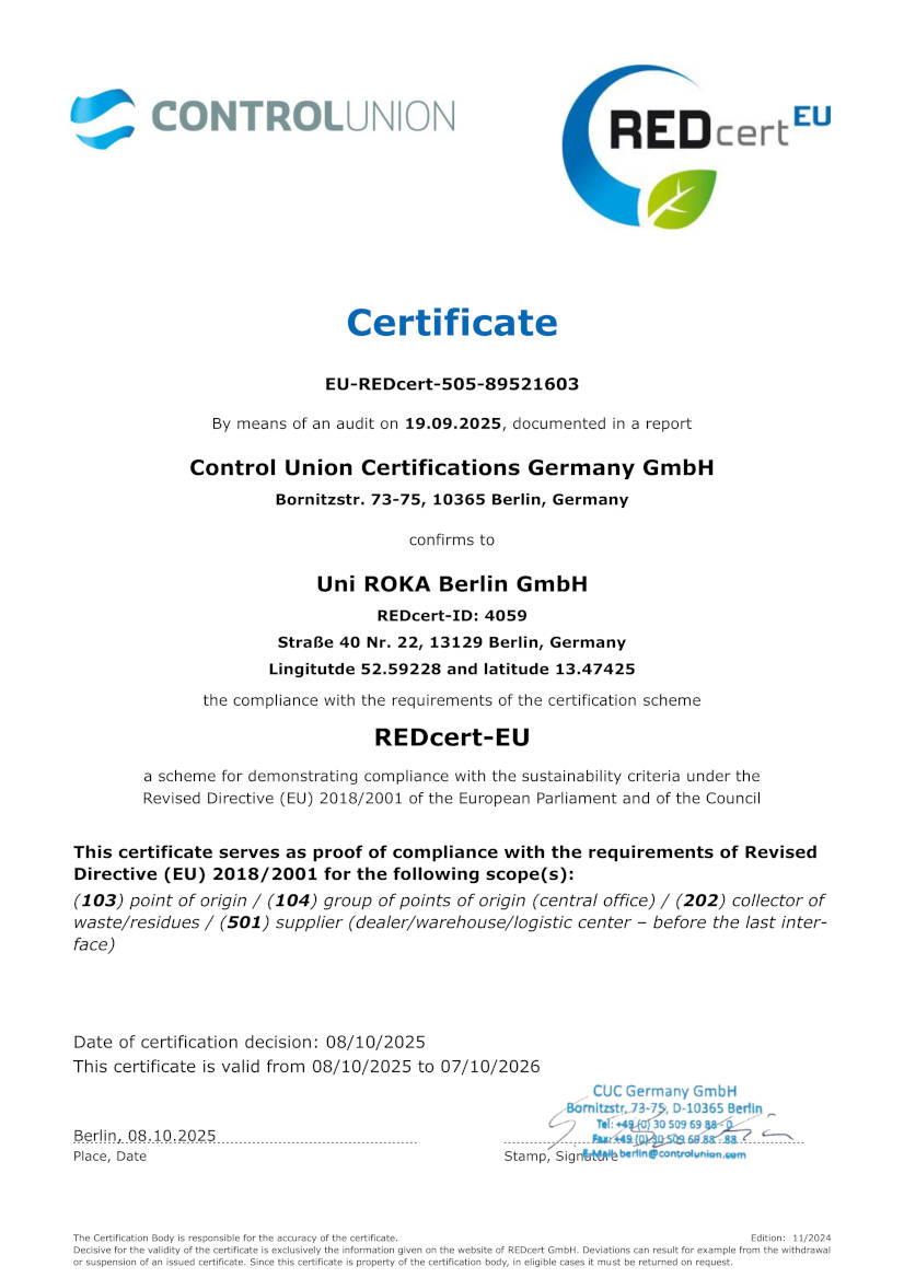 REDcert-EU Zertifikat 2025 - Uni Roka Berlin